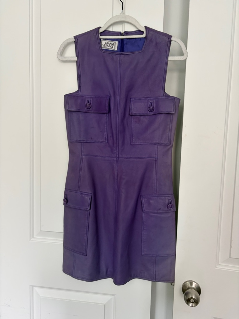 Archival runway Gianni Versace Vintage Purple Leather Pocket Shift Dress 90s